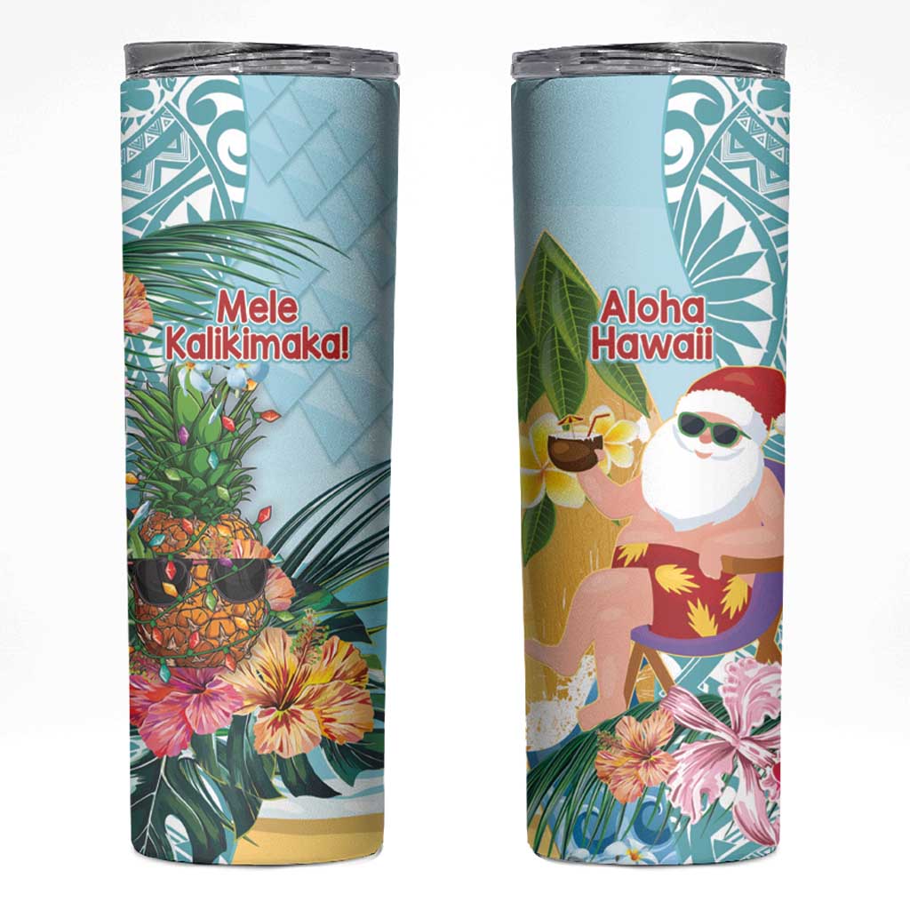 Aloha Hawaii Mele Kalikimaka Skinny Tumbler Chilling Santa With Pineapple - Polynesian Pattern LT14 Cyan - Polynesian Pride