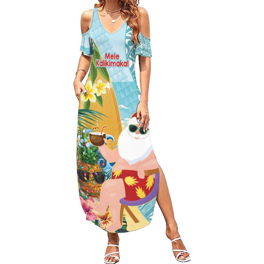 Aloha Hawaii Mele Kalikimaka Summer Maxi Dress Chilling Santa With Pineapple - Polynesian Pattern LT14 Women Cyan - Polynesian Pride