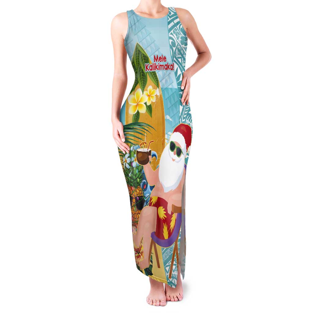 Aloha Hawaii Mele Kalikimaka Tank Maxi Dress Chilling Santa With Pineapple - Polynesian Pattern LT14 Women Cyan - Polynesian Pride