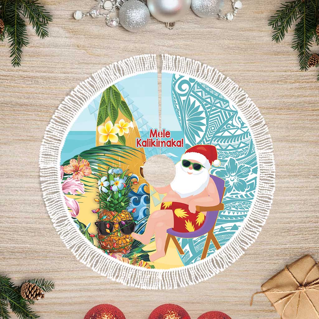 Aloha Hawaii Mele Kalikimaka Tree Skirt Chilling Santa With Pineapple - Polynesian Pattern LT14 Fringed Cyan - Polynesian Pride