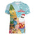 Aloha Hawaii Mele Kalikimaka Women V-Neck T-Shirt Chilling Santa With Pineapple - Polynesian Pattern