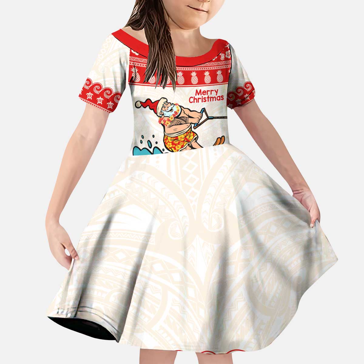 Mele Kalikimaka Hawaii Kid Short Sleeve Dress Water-skiing Santa Tropical Vibes LT14 KID Red - Polynesian Pride