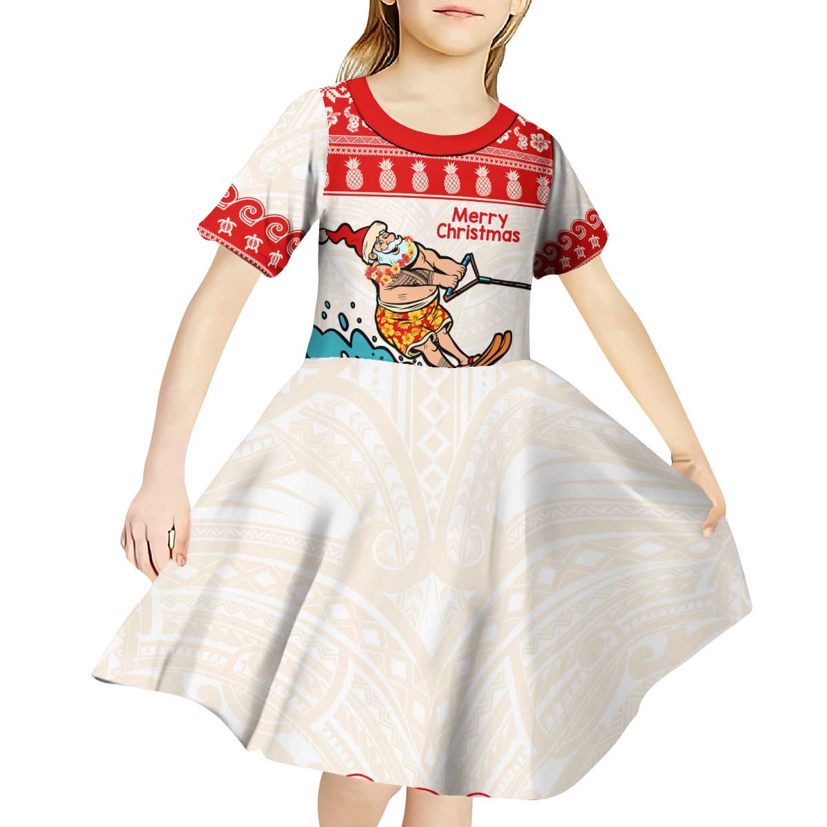 Mele Kalikimaka Hawaii Kid Short Sleeve Dress Water-skiing Santa Tropical Vibes LT14 - Polynesian Pride