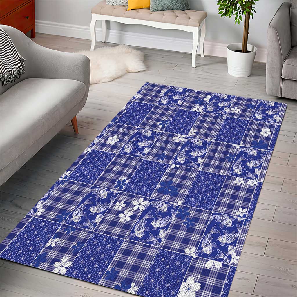 Blue Palaka Japanese Patterns Area Rug Koi Fish Asanoha Sakura Patchwork Stylized LT14 - Polynesian Pride