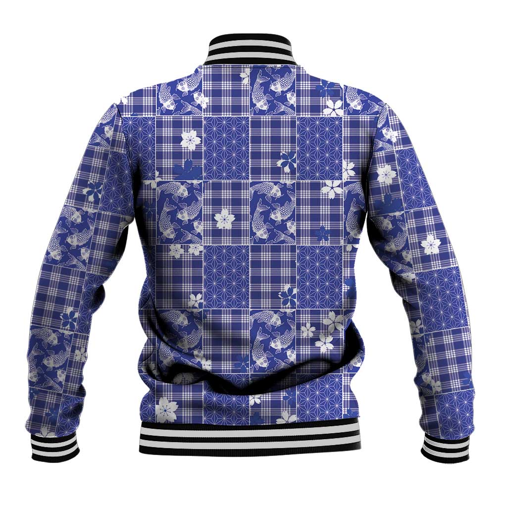 Blue Palaka Japanese Patterns Baseball Jacket Koi Fish Asanoha Sakura Patchwork Stylized LT14 - Polynesian Pride