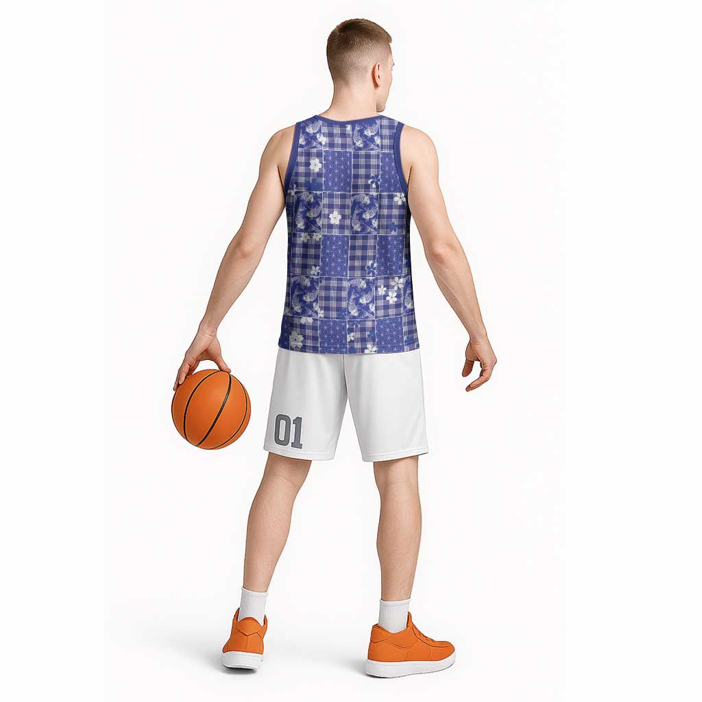 Blue Palaka Japanese Patterns Basketball Jersey Koi Fish Asanoha Sakura Patchwork Stylized LT14 - Polynesian Pride