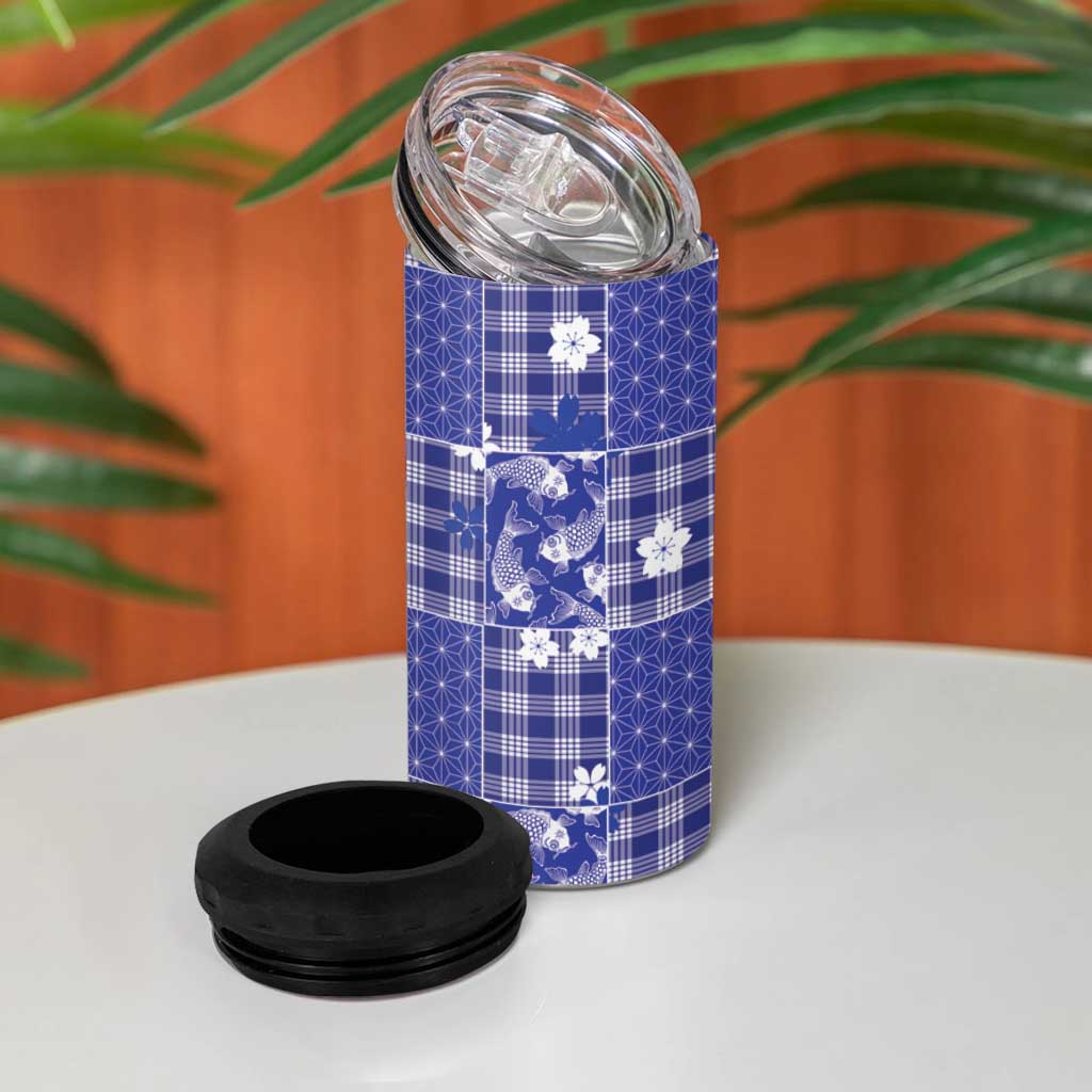 Blue Palaka Japanese Patterns 4 in 1 Can Cooler Tumbler Koi Fish Asanoha Sakura Patchwork Stylized LT14 - Polynesian Pride