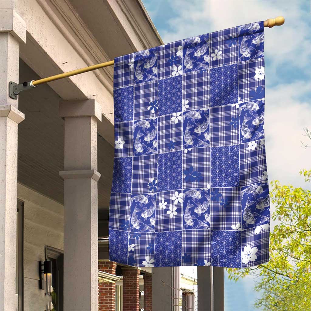 Blue Palaka Japanese Patterns Garden Flag Koi Fish Asanoha Sakura Patchwork Stylized LT14 House Flag Blue - Polynesian Pride