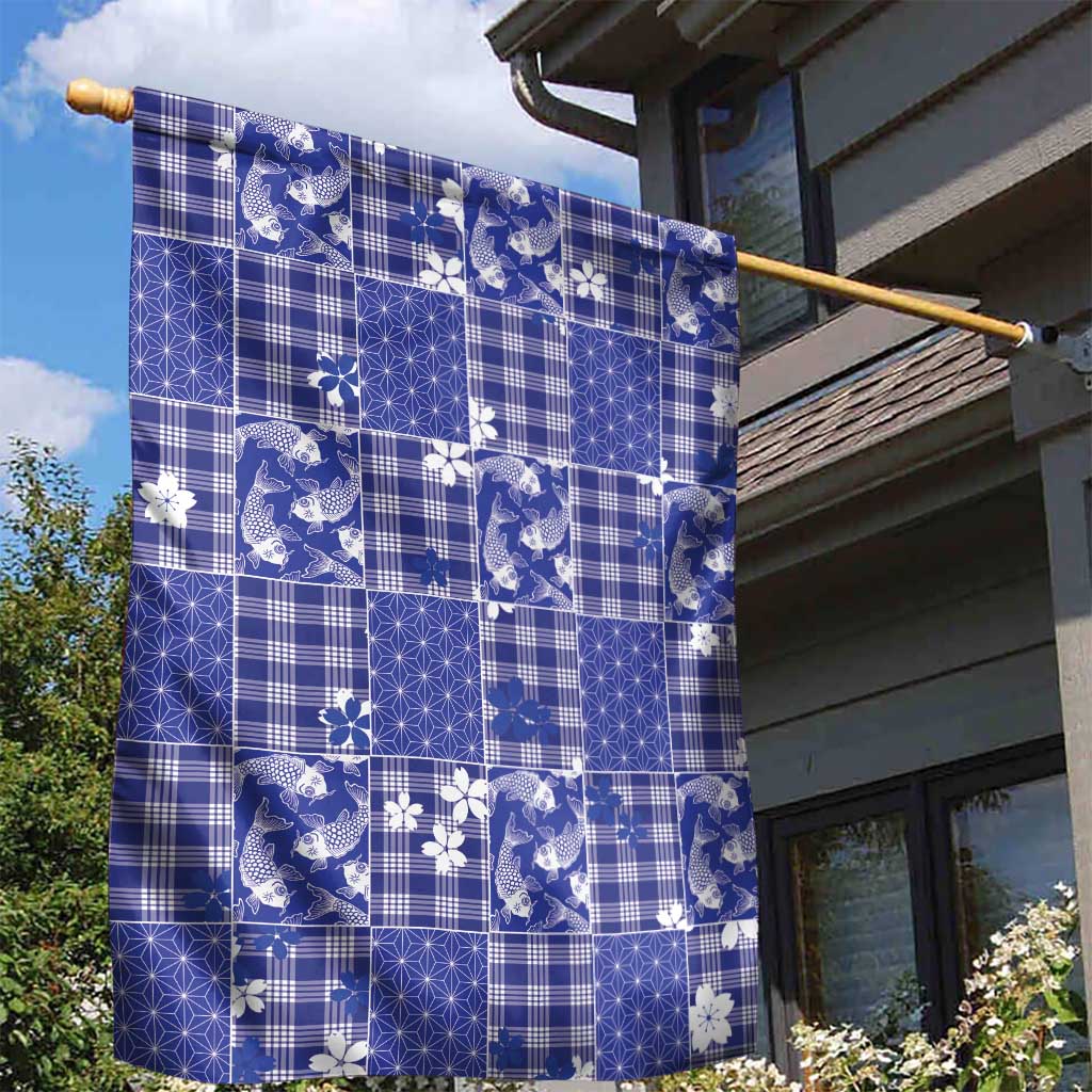 Blue Palaka Japanese Patterns Garden Flag Koi Fish Asanoha Sakura Patchwork Stylized LT14 - Polynesian Pride