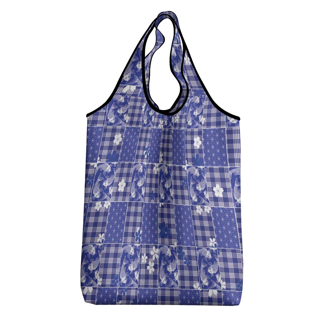 Blue Palaka Japanese Patterns Grocery Bag Koi Fish Asanoha Sakura Patchwork Stylized LT14 - Polynesian Pride
