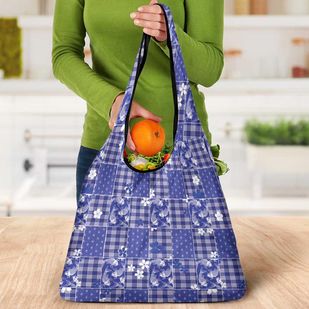 Blue Palaka Japanese Patterns Grocery Bag Koi Fish Asanoha Sakura Patchwork Stylized LT14 - Polynesian Pride