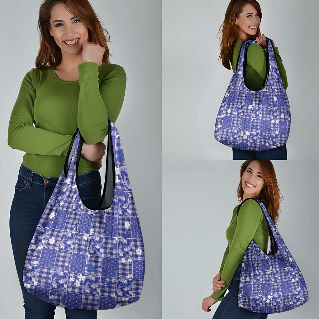 Blue Palaka Japanese Patterns Grocery Bag Koi Fish Asanoha Sakura Patchwork Stylized LT14 - Polynesian Pride