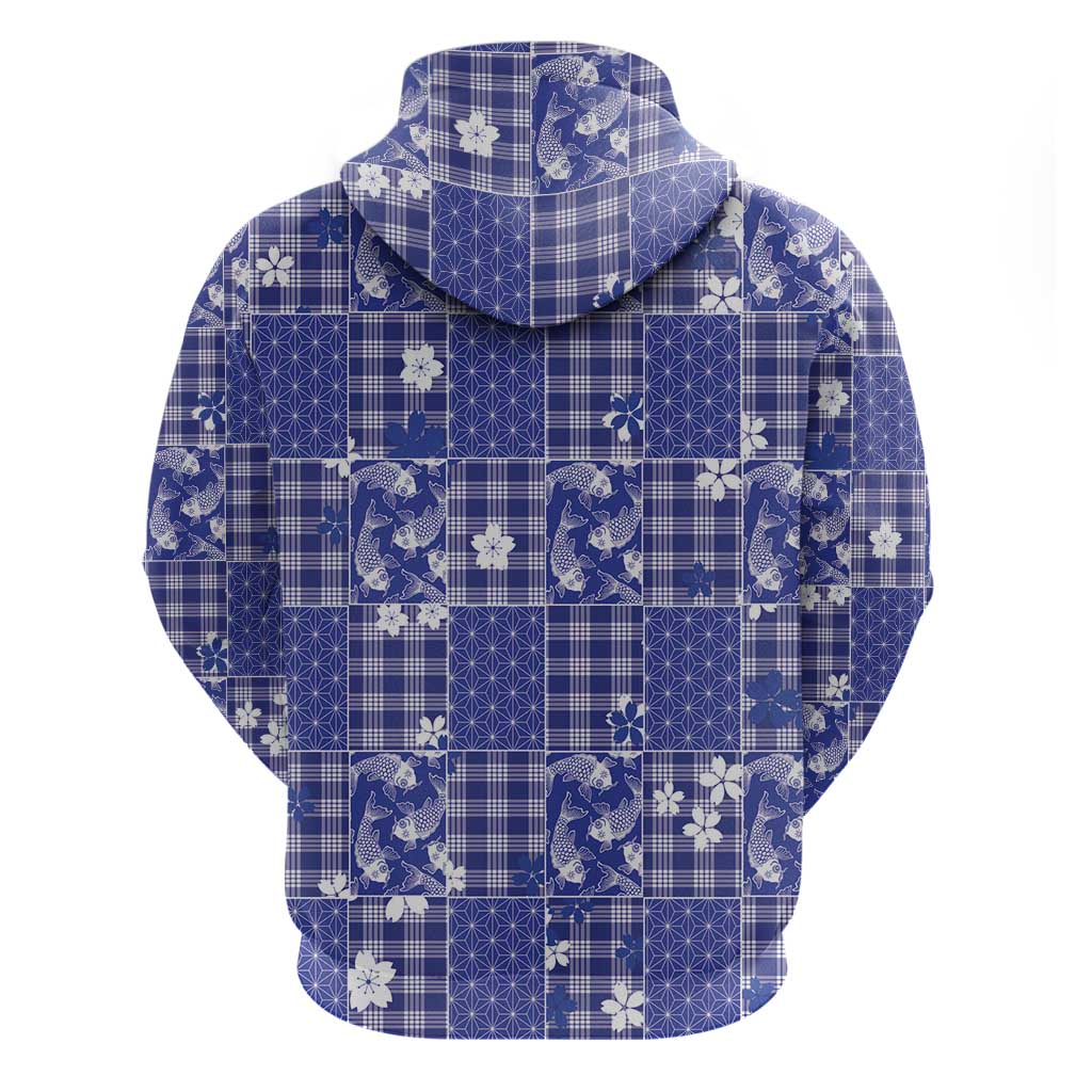 Blue Palaka Japanese Patterns Hoodie Koi Fish Asanoha Sakura Patchwork Stylized LT14 - Polynesian Pride