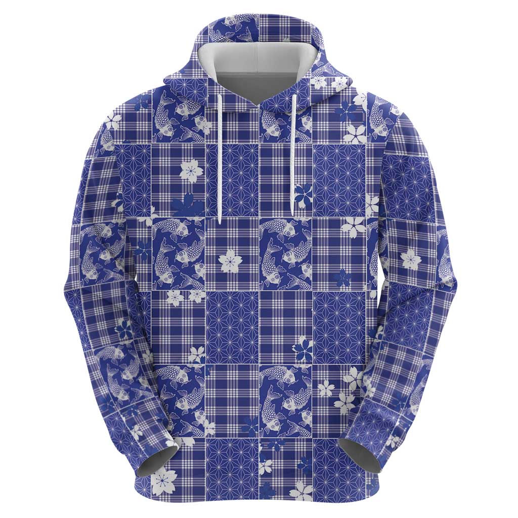 Blue Palaka Japanese Patterns Hoodie Koi Fish Asanoha Sakura Patchwork Stylized LT14 - Polynesian Pride