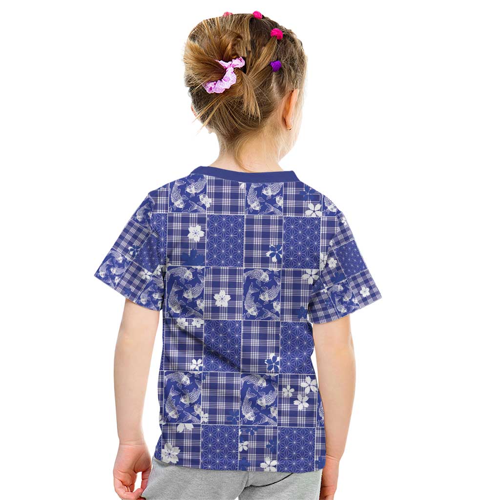 Blue Palaka Japanese Patterns Kid T Shirt Koi Fish Asanoha Sakura Patchwork Stylized LT14 - Polynesian Pride