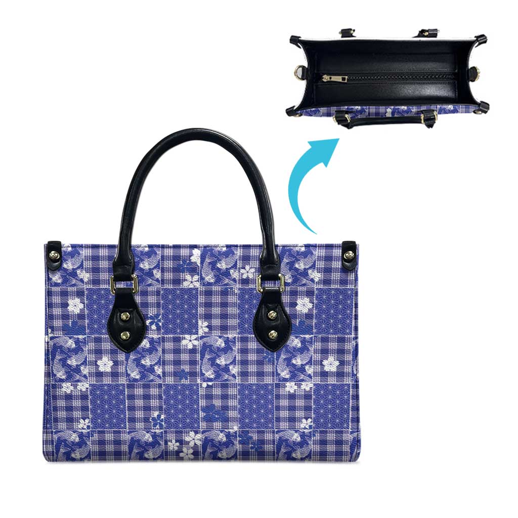 Blue Palaka Japanese Patterns Leather Bag Koi Fish Asanoha Sakura Patchwork Stylized LT14 - Polynesian Pride