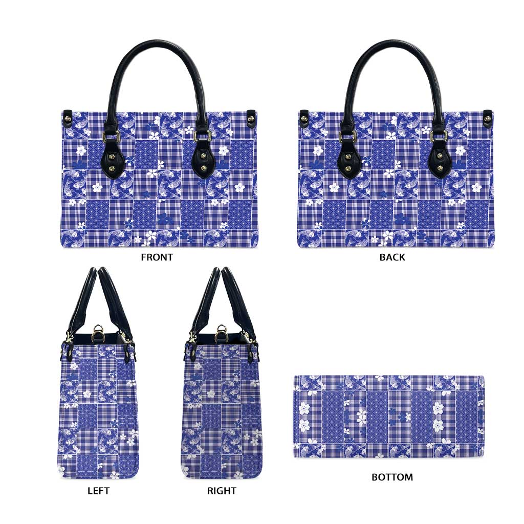 Blue Palaka Japanese Patterns Leather Bag Koi Fish Asanoha Sakura Patchwork Stylized LT14 - Polynesian Pride