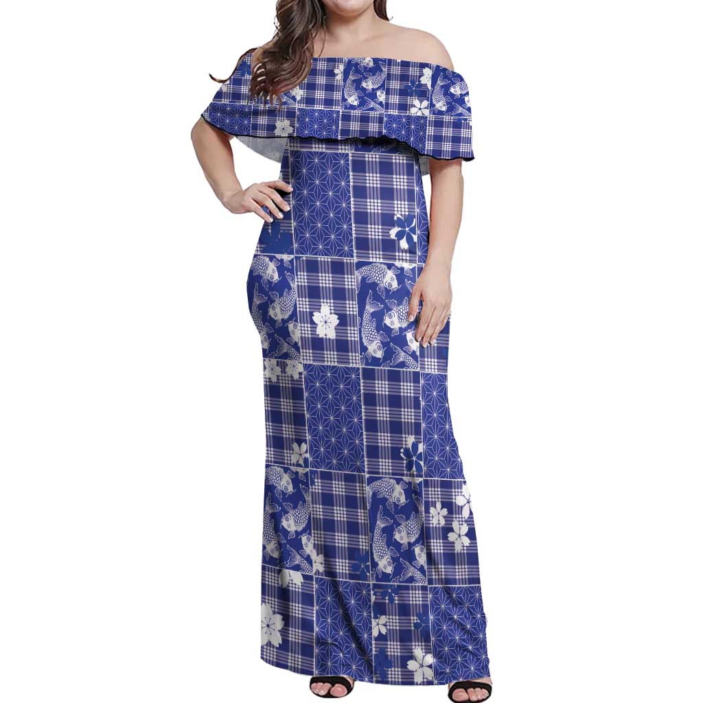 Blue Palaka Japanese Patterns Off Shoulder Maxi Dress Koi Fish Asanoha Sakura Patchwork Stylized LT14 Women Blue - Polynesian Pride
