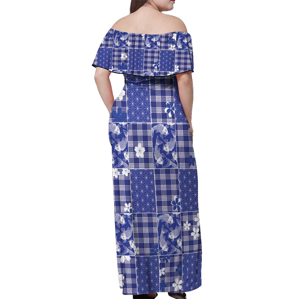 Blue Palaka Japanese Patterns Off Shoulder Maxi Dress Koi Fish Asanoha Sakura Patchwork Stylized LT14 - Polynesian Pride