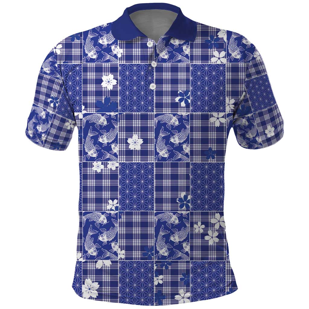 Blue Palaka Japanese Patterns Polo Shirt Koi Fish Asanoha Sakura Patchwork Stylized LT14 Blue - Polynesian Pride