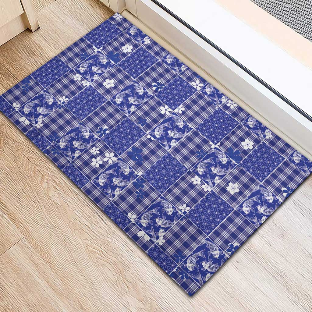 Blue Palaka Japanese Patterns Rubber Doormat Koi Fish Asanoha Sakura Patchwork Stylized LT14 - Polynesian Pride