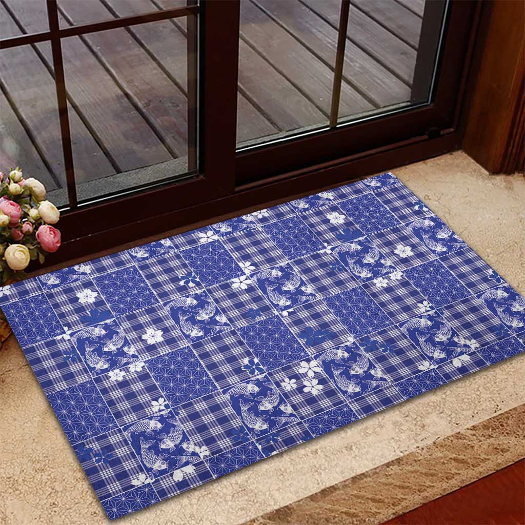 Blue Palaka Japanese Patterns Rubber Doormat Koi Fish Asanoha Sakura Patchwork Stylized LT14 - Polynesian Pride