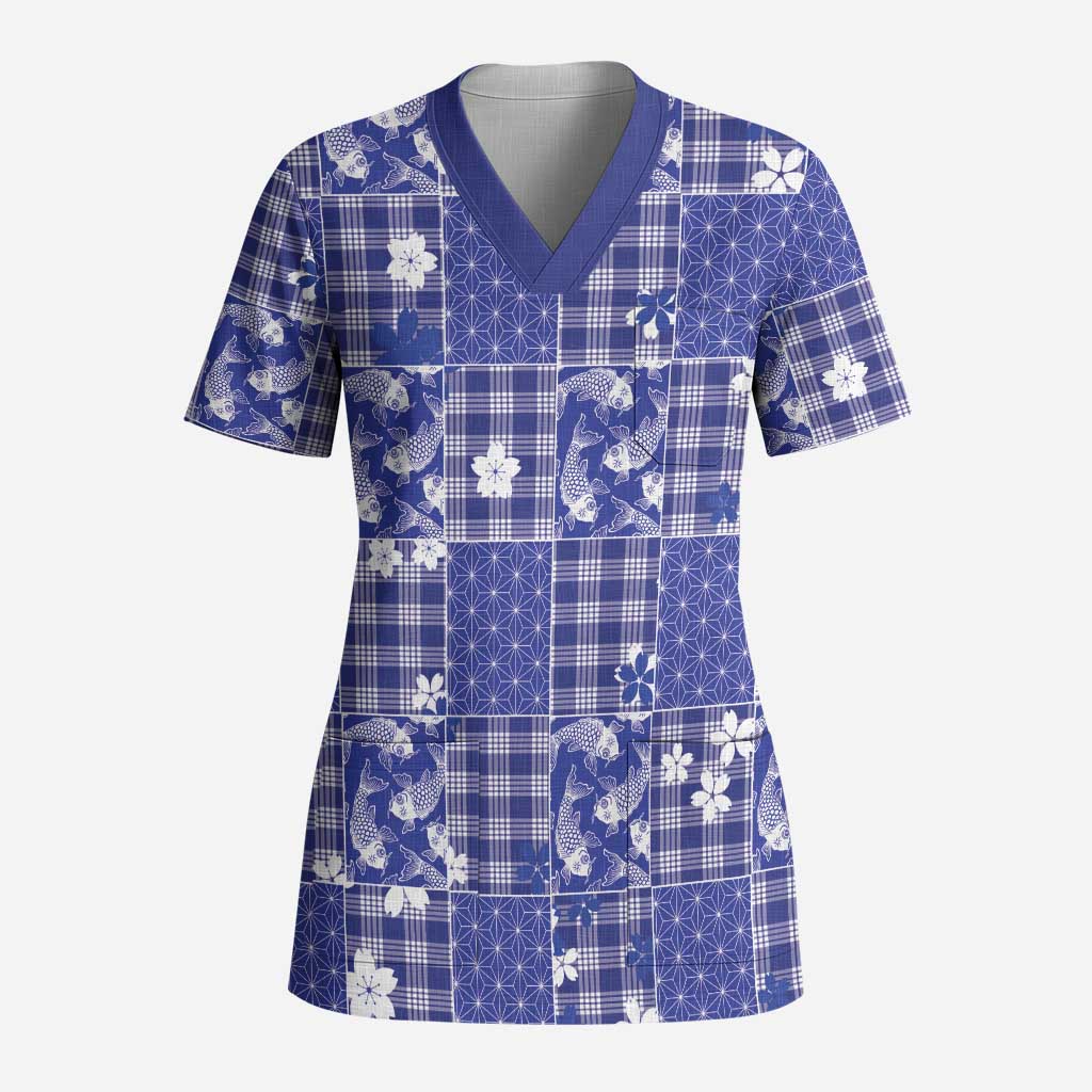 Blue Palaka Japanese Patterns Scrub Top Koi Fish Asanoha Sakura Patchwork Stylized LT14 Adult Blue - Polynesian Pride