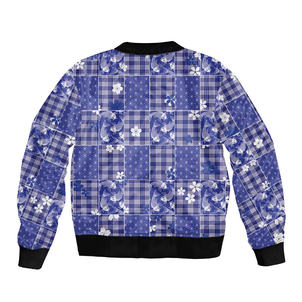 Blue Palaka Japanese Patterns Sleeve Zip Bomber Jacket Koi Fish Asanoha Sakura Patchwork Stylized LT14 - Polynesian Pride