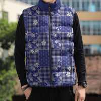 Blue Palaka Japanese Patterns Sleeveless Puffer Jacket Koi Fish Asanoha Sakura Patchwork Stylized LT14 - Polynesian Pride