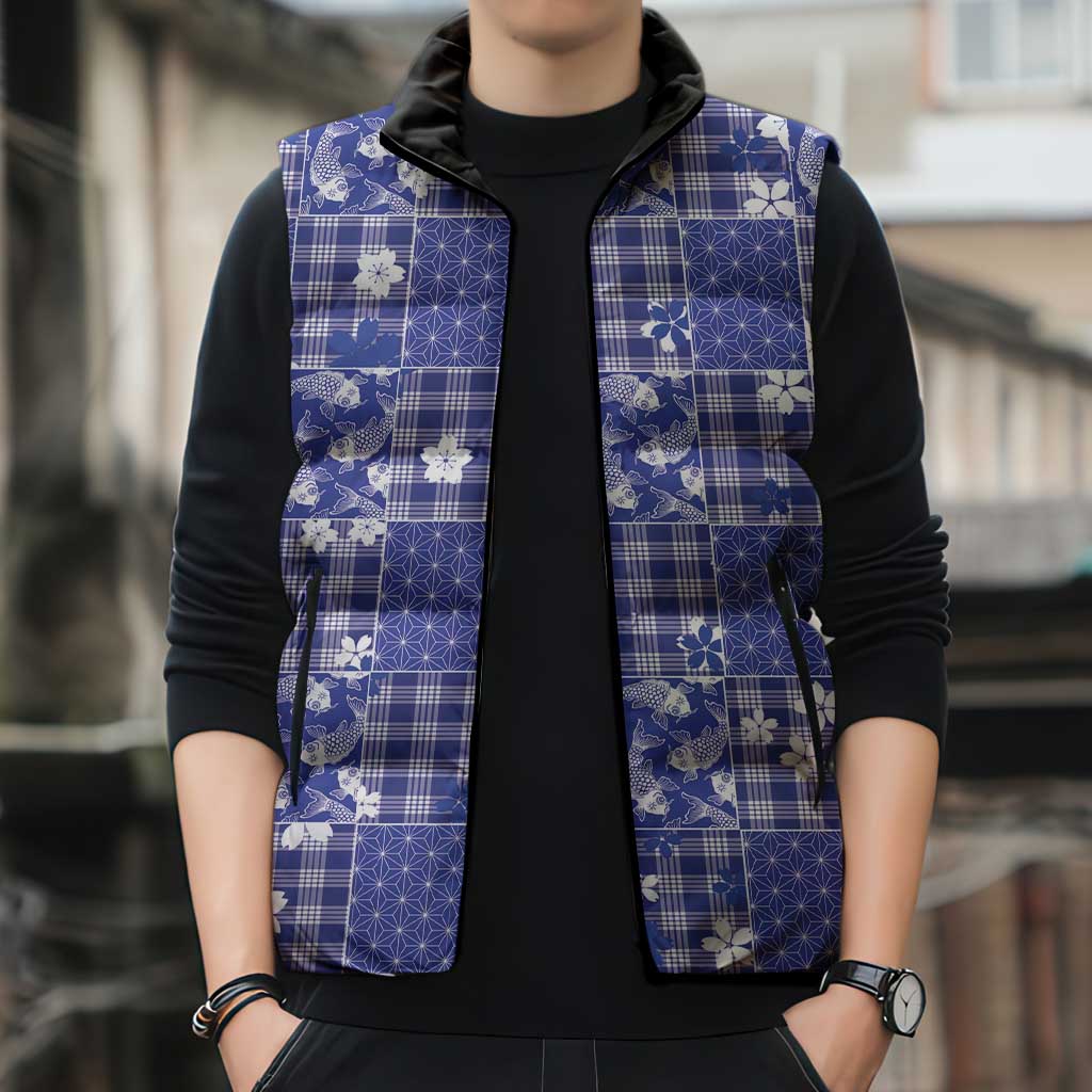 Blue Palaka Japanese Patterns Sleeveless Puffer Jacket Koi Fish Asanoha Sakura Patchwork Stylized LT14 - Polynesian Pride