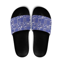 Blue Palaka Japanese Patterns Slide Sandals Koi Fish Asanoha Sakura Patchwork Stylized LT14 Blue - Polynesian Pride