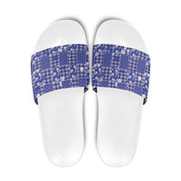 Blue Palaka Japanese Patterns Slide Sandals Koi Fish Asanoha Sakura Patchwork Stylized LT14 Blue - Polynesian Pride