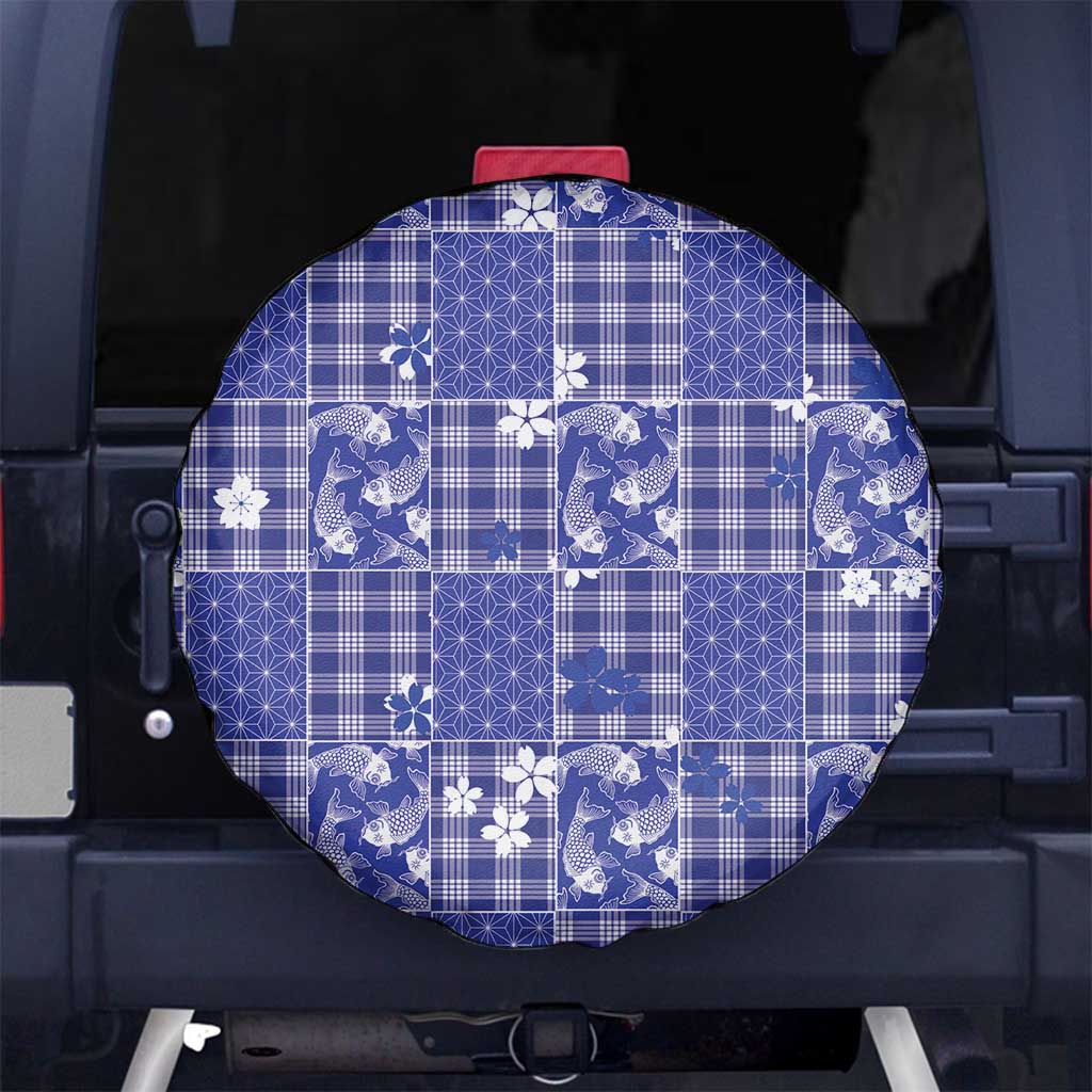 Blue Palaka Japanese Patterns Spare Tire Cover Koi Fish Asanoha Sakura Patchwork Stylized LT14 No hole Blue - Polynesian Pride