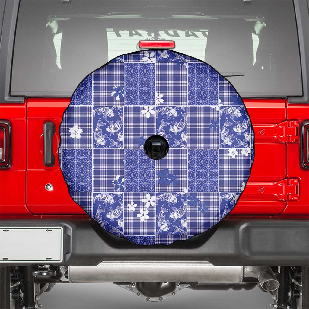 Blue Palaka Japanese Patterns Spare Tire Cover Koi Fish Asanoha Sakura Patchwork Stylized LT14 - Polynesian Pride