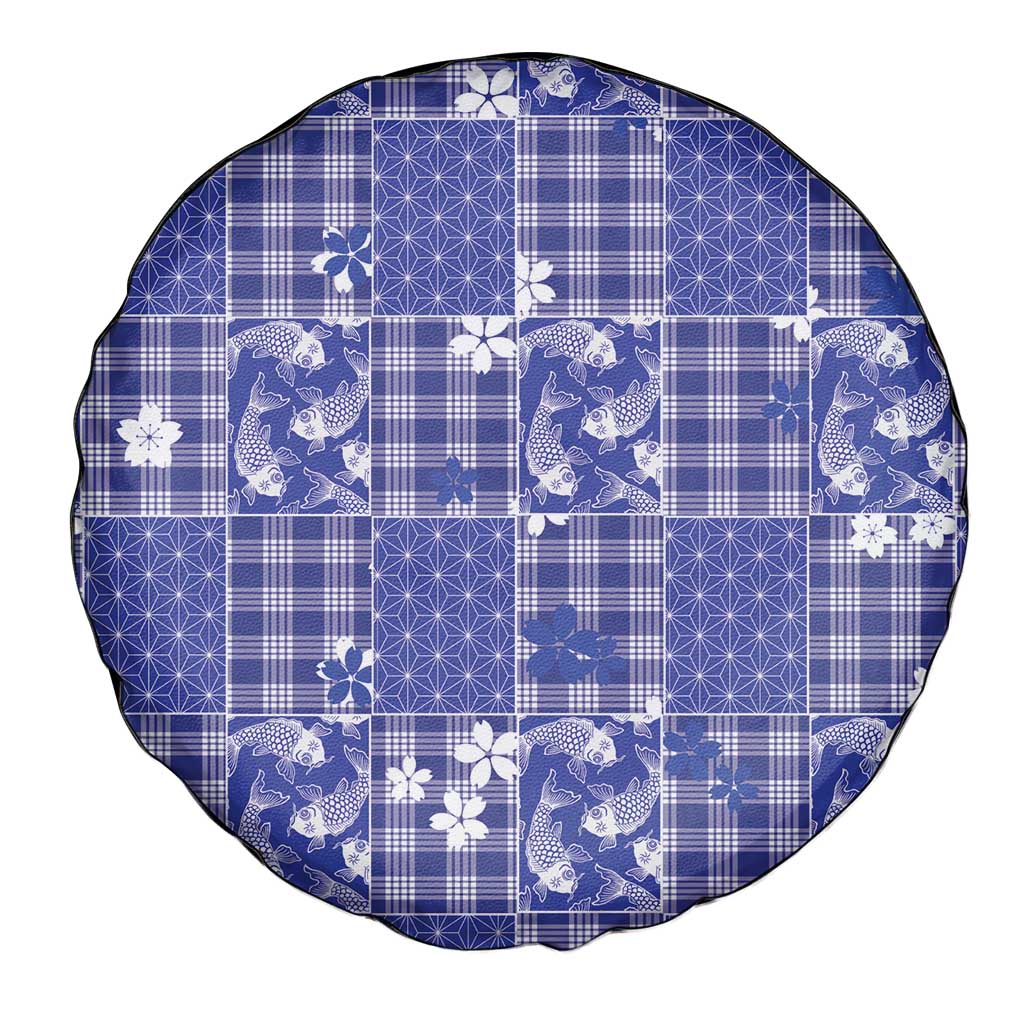 Blue Palaka Japanese Patterns Spare Tire Cover Koi Fish Asanoha Sakura Patchwork Stylized LT14 - Polynesian Pride