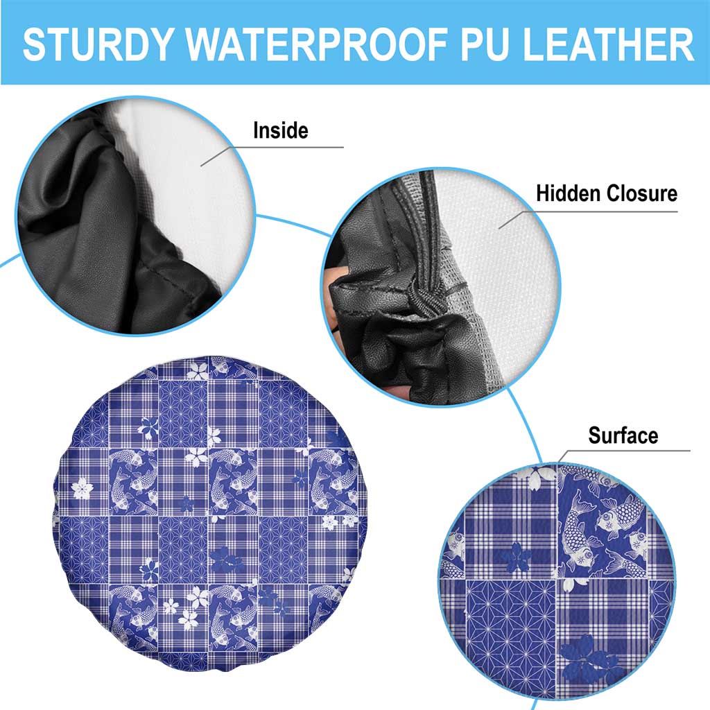 Blue Palaka Japanese Patterns Spare Tire Cover Koi Fish Asanoha Sakura Patchwork Stylized LT14 - Polynesian Pride