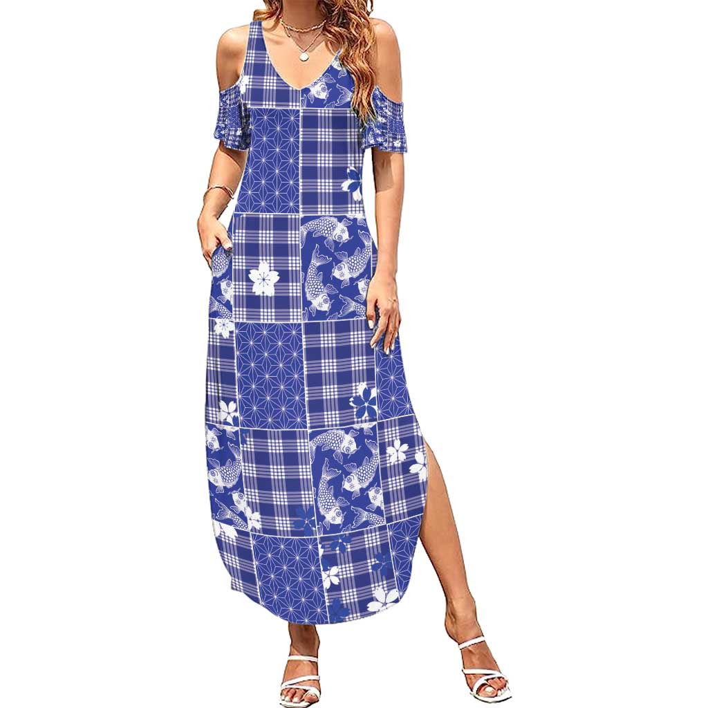 Blue Palaka Japanese Patterns Summer Maxi Dress Koi Fish Asanoha Sakura Patchwork Stylized LT14 Women Blue - Polynesian Pride