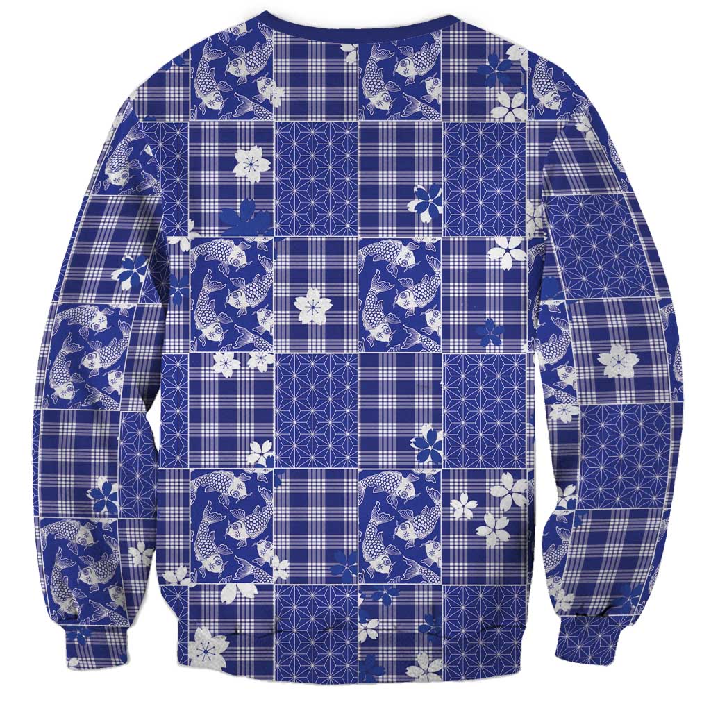 Blue Palaka Japanese Patterns Sweatshirt Koi Fish Asanoha Sakura Patchwork Stylized LT14 - Polynesian Pride