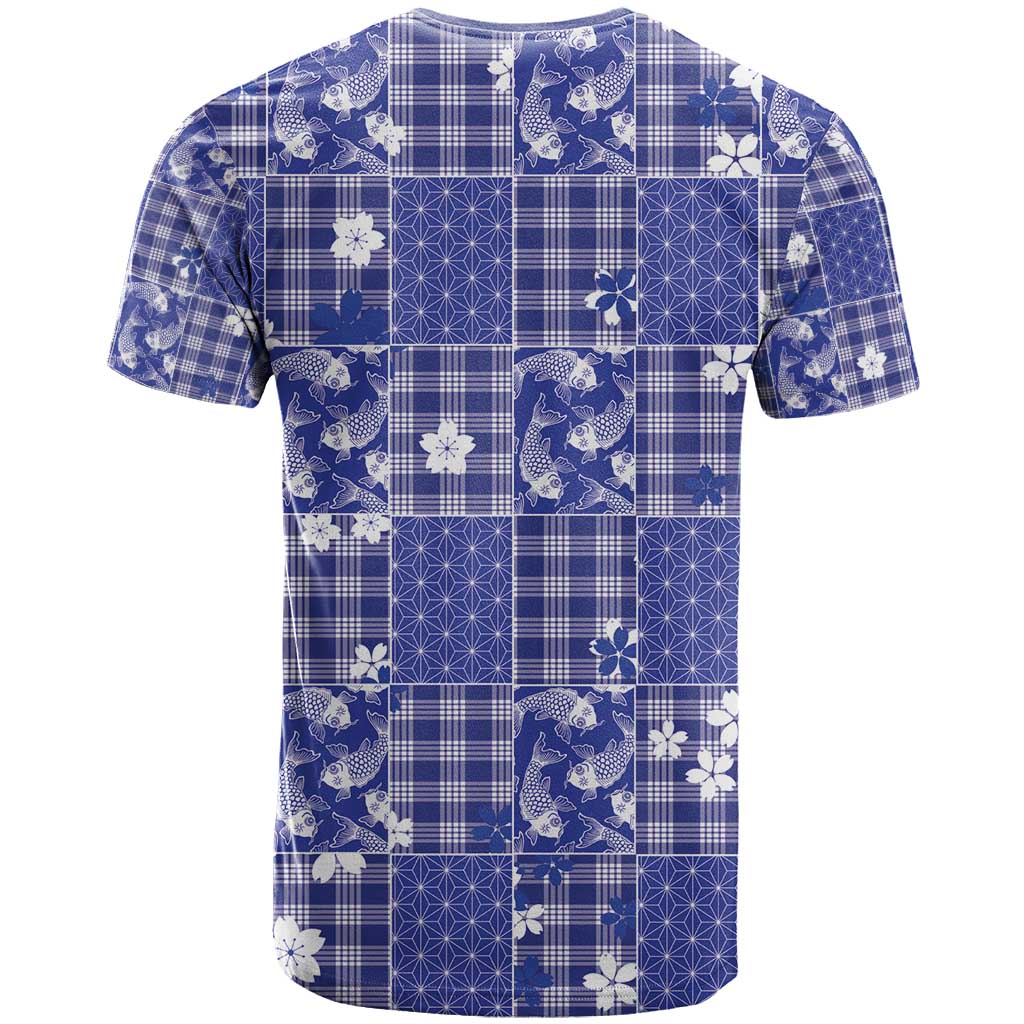 Blue Palaka Japanese Patterns T Shirt Koi Fish Asanoha Sakura Patchwork Stylized LT14 - Polynesian Pride