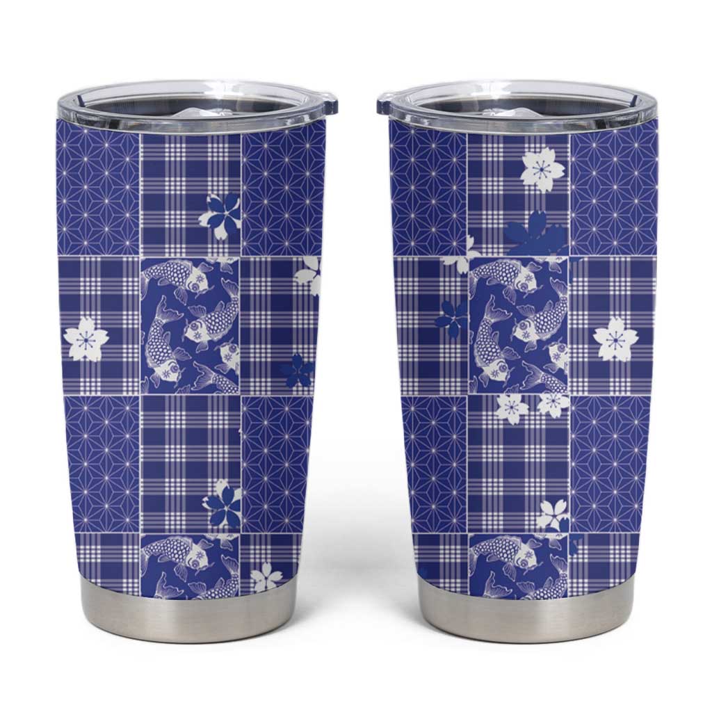 Blue Palaka Japanese Patterns Tumbler Cup Koi Fish Asanoha Sakura Patchwork Stylized LT14 Blue - Polynesian Pride