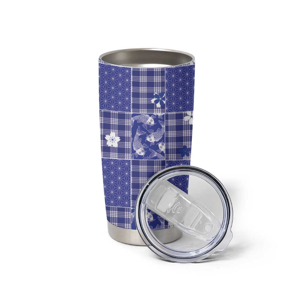 Blue Palaka Japanese Patterns Tumbler Cup Koi Fish Asanoha Sakura Patchwork Stylized LT14 - Polynesian Pride