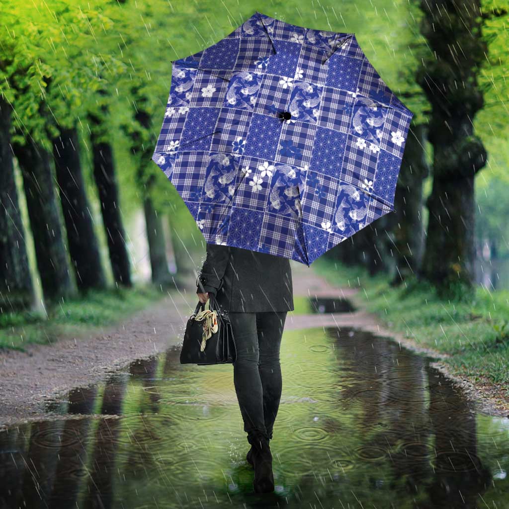 Blue Palaka Japanese Patterns Umbrella Koi Fish Asanoha Sakura Patchwork Stylized LT14 - Polynesian Pride