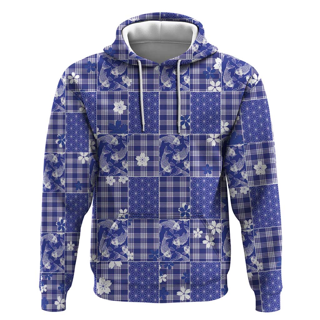 Blue Palaka Japanese Patterns Zip Hoodie Koi Fish Asanoha Sakura Patchwork Stylized LT14 Pullover Hoodie Blue - Polynesian Pride