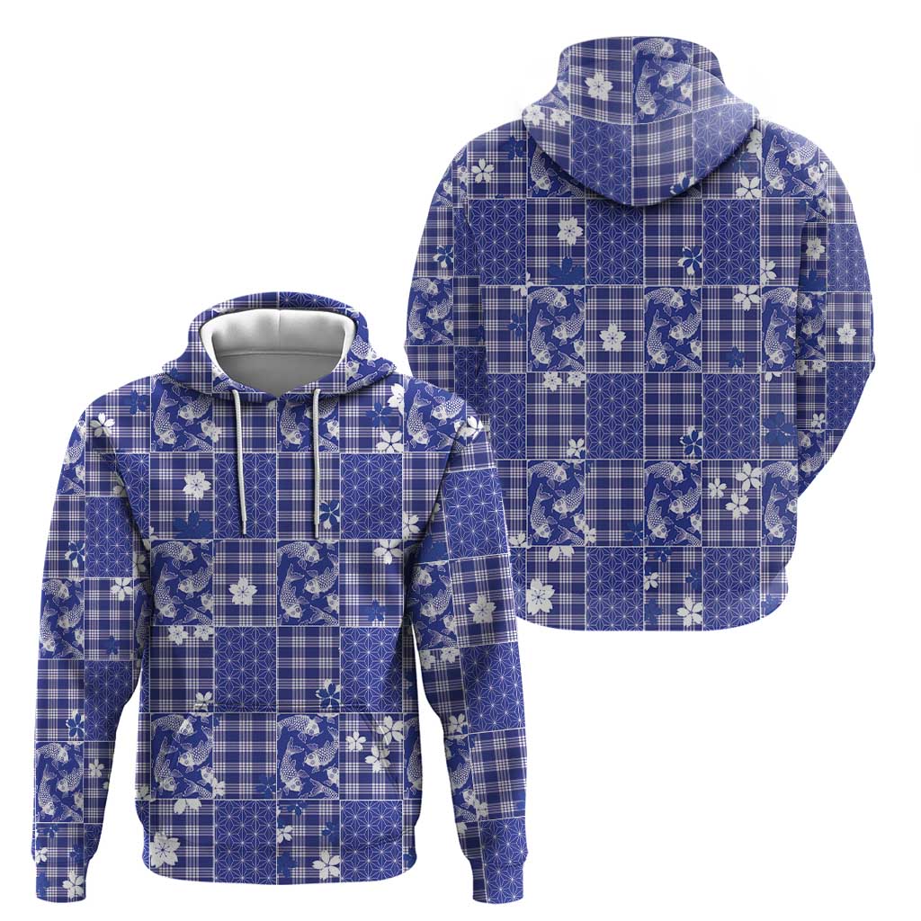 Blue Palaka Japanese Patterns Zip Hoodie Koi Fish Asanoha Sakura Patchwork Stylized LT14 - Polynesian Pride