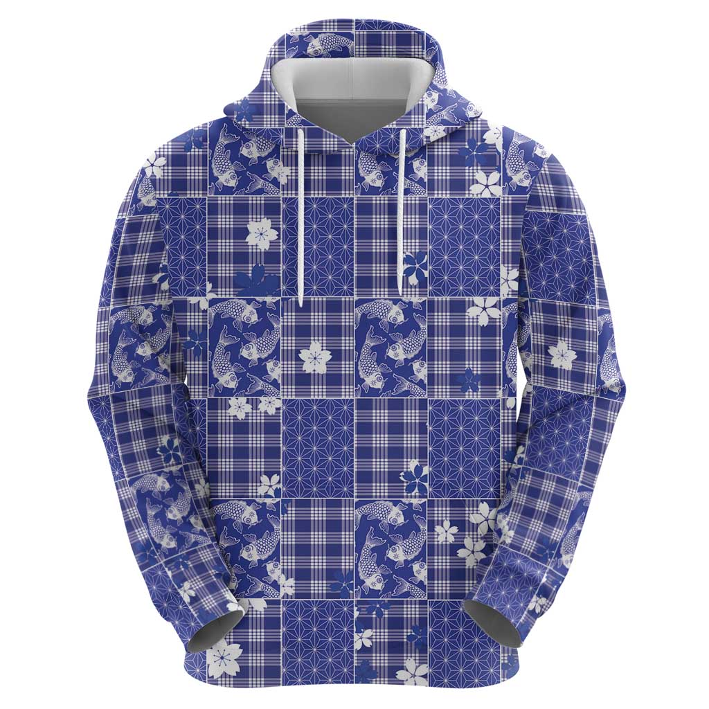 Blue Palaka Japanese Patterns Zip Hoodie Koi Fish Asanoha Sakura Patchwork Stylized LT14 - Polynesian Pride