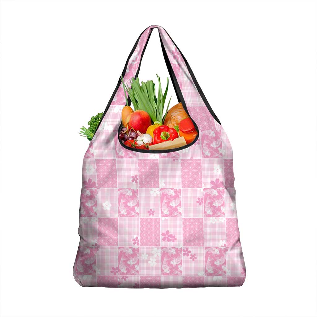 Pink Palaka Japanese Patterns Grocery Bag Koi Fish Asanoha Sakura Patchwork Stylized LT14 1-pack One Size Pink - Polynesian Pride