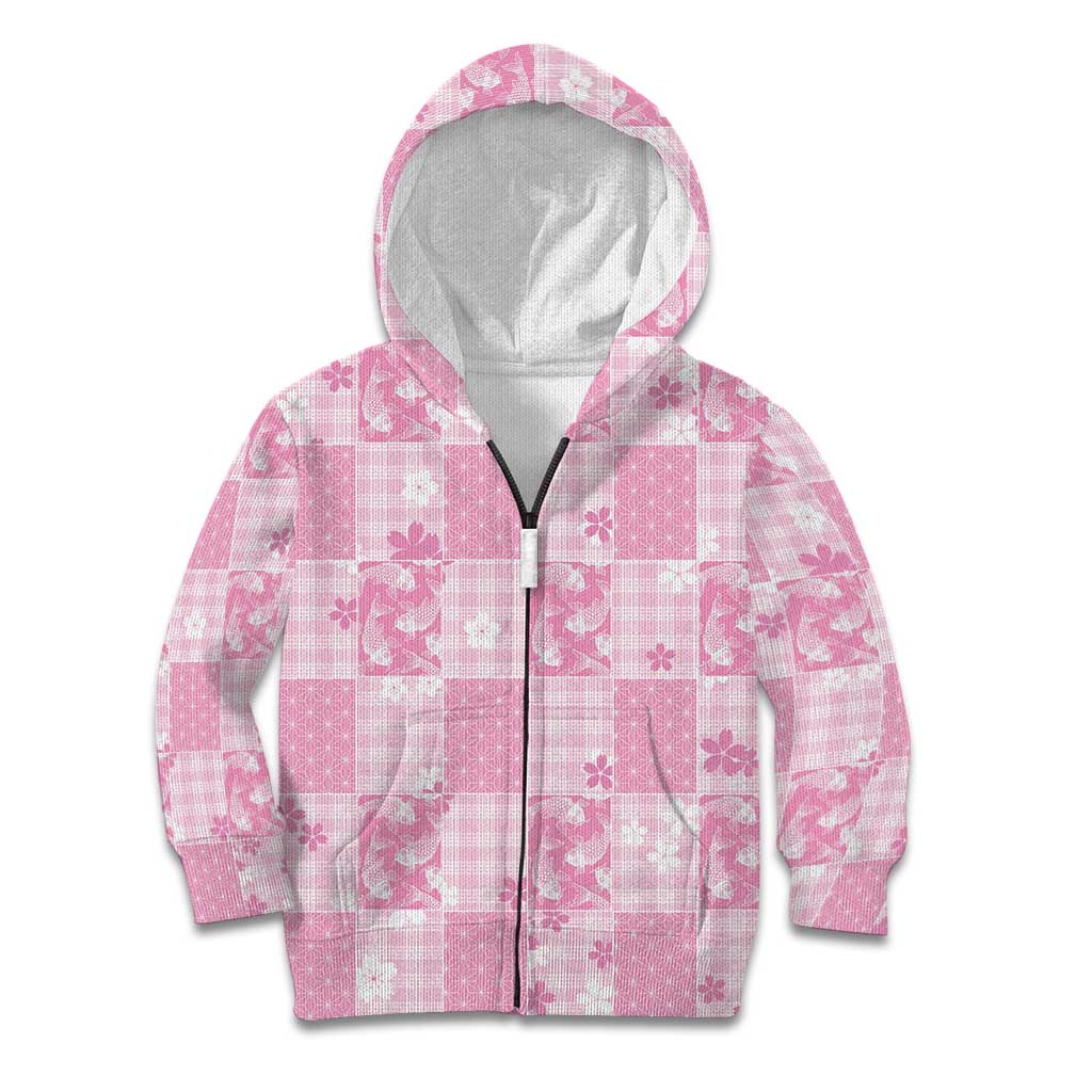 Pink Palaka Japanese Patterns Kid Hoodie Koi Fish Asanoha Sakura Patchwork Stylized LT14 Zip Hoodie Pink - Polynesian Pride