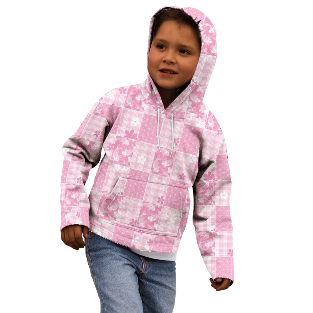 Pink Palaka Japanese Patterns Kid Hoodie Koi Fish Asanoha Sakura Patchwork Stylized LT14 - Polynesian Pride