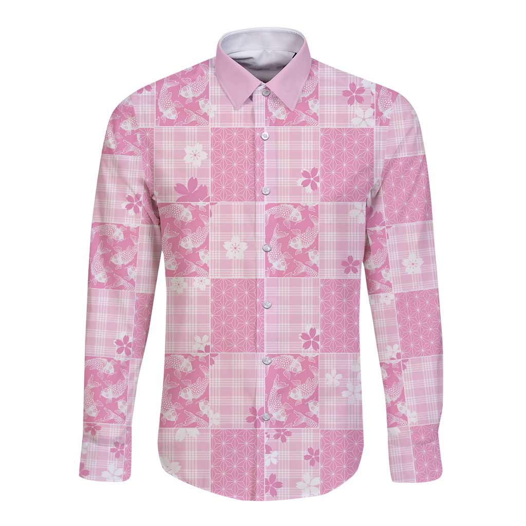 Pink Palaka Japanese Patterns Long Sleeve Button Shirt Koi Fish Asanoha Sakura Patchwork Stylized LT14 Unisex Pink - Polynesian Pride