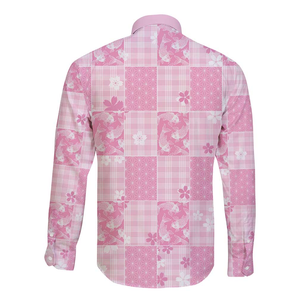 Pink Palaka Japanese Patterns Long Sleeve Button Shirt Koi Fish Asanoha Sakura Patchwork Stylized LT14 - Polynesian Pride